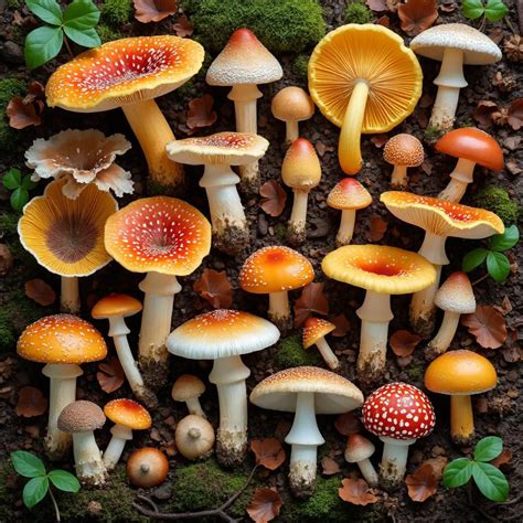 Champignons variés sur un fond forestier