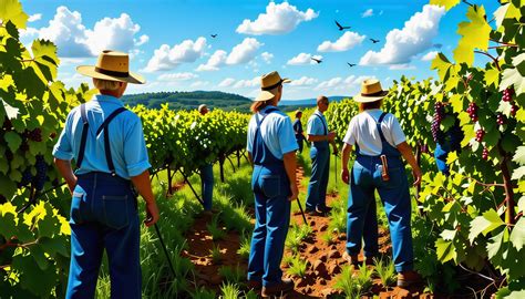 Équipe de viticulteurs en pleine intervention dans un vignoble
