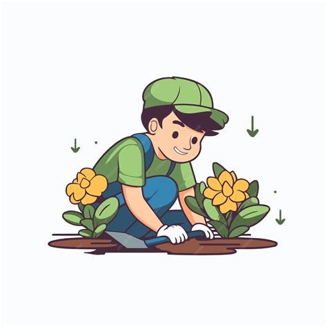 Illustration d'un jardinier plantant des fleurs avec des outils