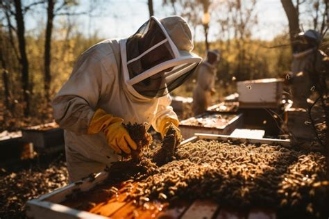 Apiculteur récoltant du miel d'une ruche