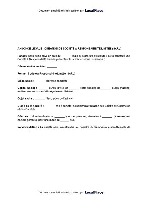 Exemple d'annonce légale