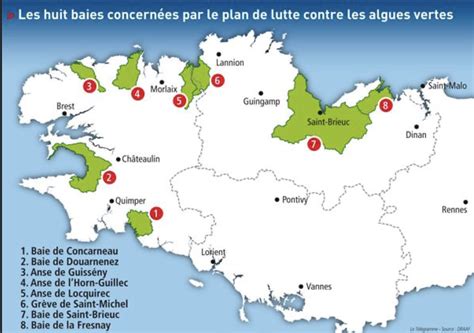 Carte des baies bretonnes concernées par les algues vertes