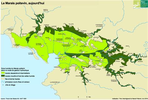 Carte du Marais Poitevin avec les zones d'intervention du CREN