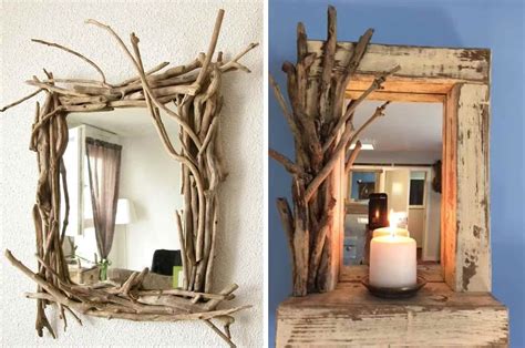 une sélection d'objets décoratifs en bois flotté, incluant un miroir, un cadre photo et un luminaire
