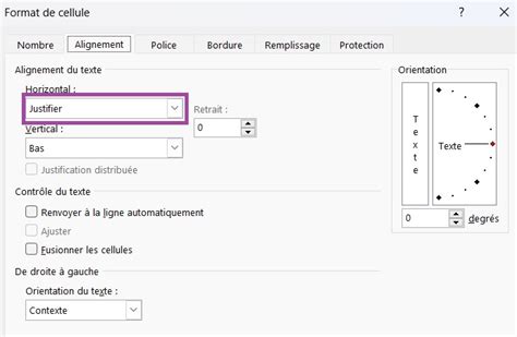 Options d'alignement et de contrôle du texte dans la boîte de dialogue Format de cellules