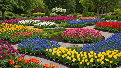 Illustration d'un jardin avec des bulbes en fleurs et une pelouse verte