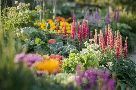 Photographie macro d'un potager esthétique mêlant fleurs comestibles et légumes aux feuillages colorés