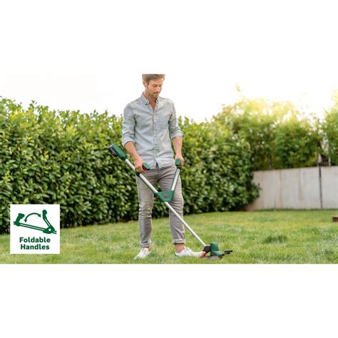 Schéma montrant le manche télescopique et la poignée rabattable du Bosch UniversalGrassCut 18-260