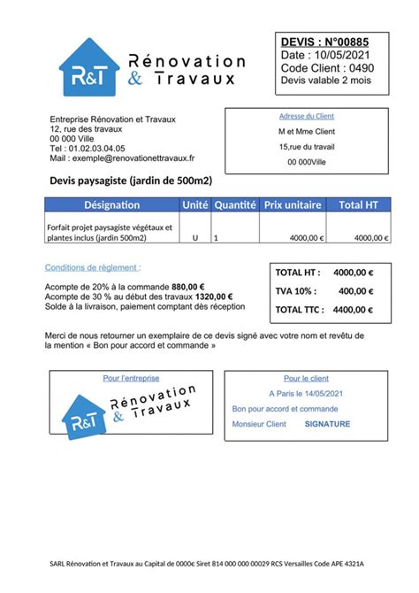 Exemple de devis détaillé pour un entretien paysager incluant tonte et taille