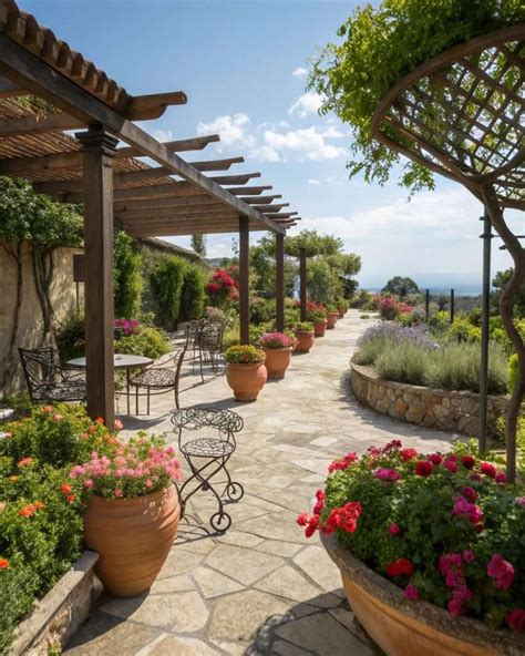 Photographie d'un jardin méditerranéen aménagé avec des structures en fer forgé artisanales
