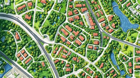 Vue aérienne schématique d'une zone résidentielle et professionnelle typique