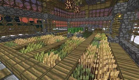 Illustration d'une ferme Minecraft automatisée avec des cultures variées
