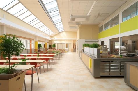 Illustration d'une cantine scolaire moderne avec des panneaux acoustiques et une ambiance apaisée