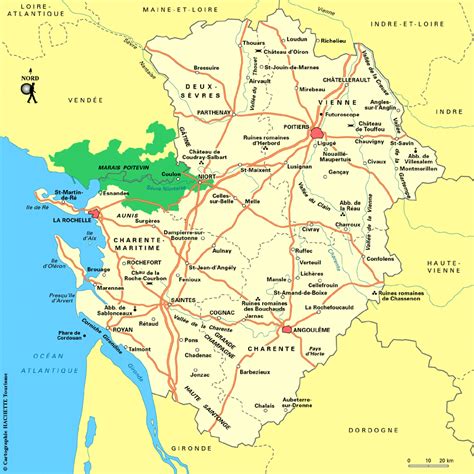 Carte de la région Poitou-Charentes mettant en avant les zones agricoles et les axes de communication