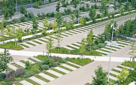 Vue d'ensemble d'un aménagement paysager urbain moderne intégrant des arbres en pot et des zones de circulation douce