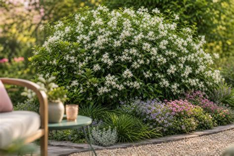 Exemple d'aménagement paysager avec jasmin étoilé et plantes compagnes au pied