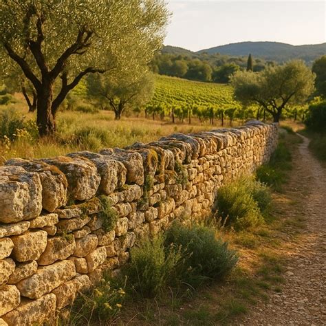 Vue panoramique d'un potager traditionnel en Provence avec des murets en pierre sèche