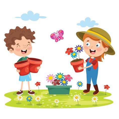 Enfants jardinant et riant