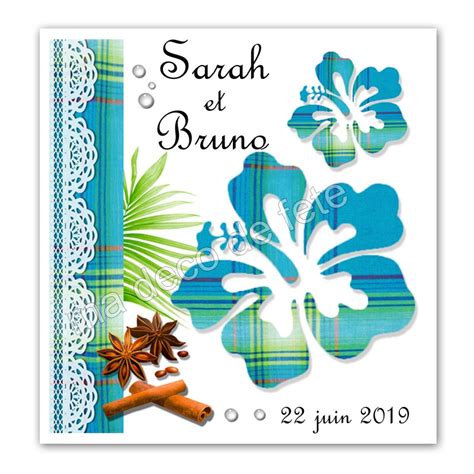 Exemple de faire-part avec motif hibiscus madras bleu