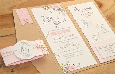 Représentation d'un faire-part mariage champêtre avec hibiscus rose