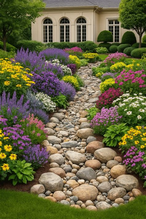 Rivière sèche en galets serpentant au milieu de massifs fleuris colorés.