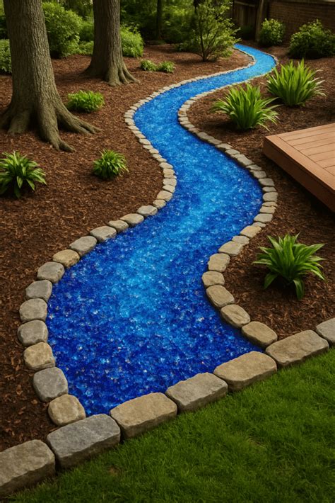 Rivière sèche sinueuse en éclats de verre bleu.