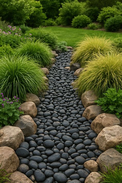Lit de rivière sèche bordé de rochers et galets noirs, entouré de graminées et fleurs mauves.