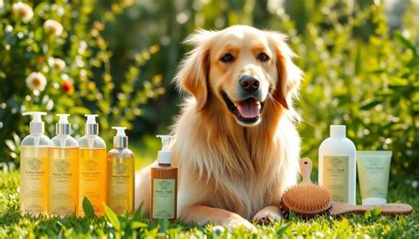 Chien dans une baignoire avec des produits de toilettage