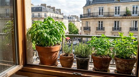 herbes aromatiques en pots sur un rebord de fenêtre