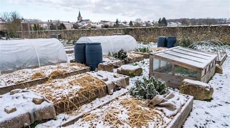 Jardin potager sous la neige avec des protections hivernales