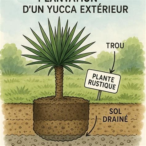 Schéma illustrant les différentes parties d'un Yucca : tête, tronc et rejets basaux
