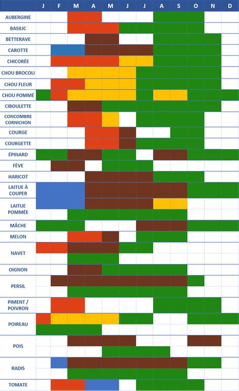 Infographie montrant le calendrier de semis et de récolte pour différentes variétés potagères
