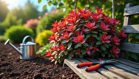 Photinia Red Robin en pleine croissance, présentant ses jeunes pousses rouges et luisantes