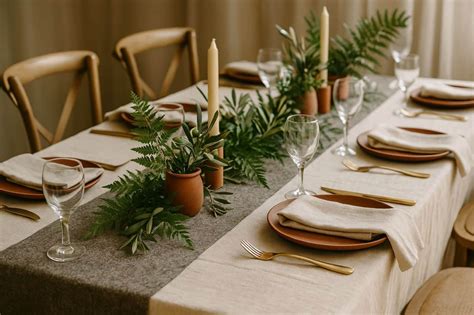 table de jardin décorée avec des éléments végétaux et naturels