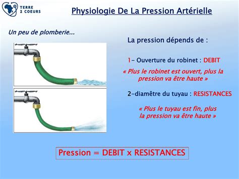 Schéma illustrant la différence entre débit (volume par temps) et pression (force par unité de surface) dans un réseau hydraulique