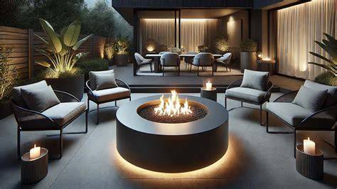 Un brasero moderne illuminant une terrasse en soirée