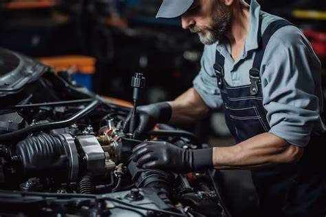 Illustration d'un mécanicien travaillant sur un moteur dans un garage professionnel