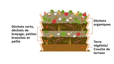 Infographie montrant la superposition des couches de matières vertes et brunes dans un composteur