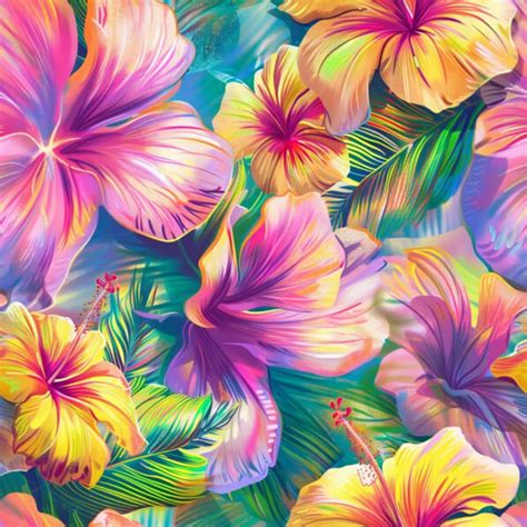 Tissu imprimé avec des motifs de fleurs d'hibiscus colorées