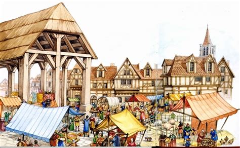 Place de marché médiévale avec des acteurs sur des tréteaux