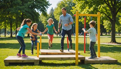 Enfant jouant sur un parcours de motricité en extérieur avec des bûches