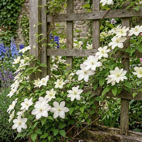 Clématite montana starlet white perfume grimpant sur une arche de jardin