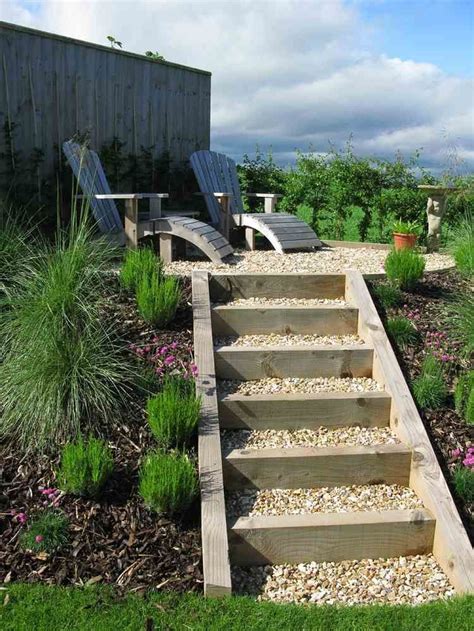 Aménagement d'un escalier paysager reliant une terrasse en contrebas à un jardin surélevé