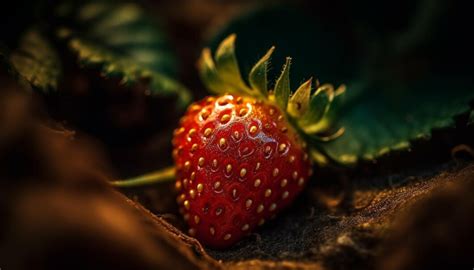 Détail d'une fraise mûre sur son plant, entourée de feuillage sain