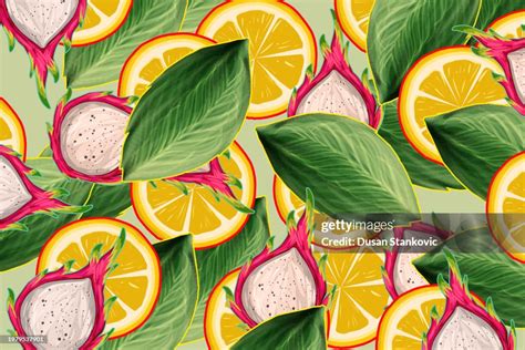 Illustration de cerises, fraises et fruit du dragon stylisés sur fond glacé