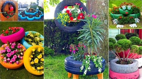 Pneus transformés en jardinières colorées