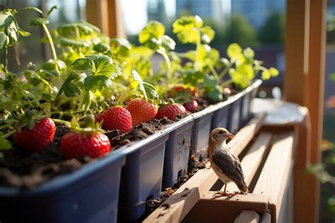 illustration de fraises poussant dans des pots sur un balcon