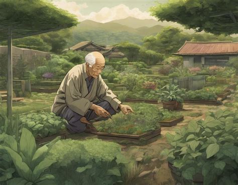 Masanobu Fukuoka dans ses champs, entouré de cultures prospères sans labour