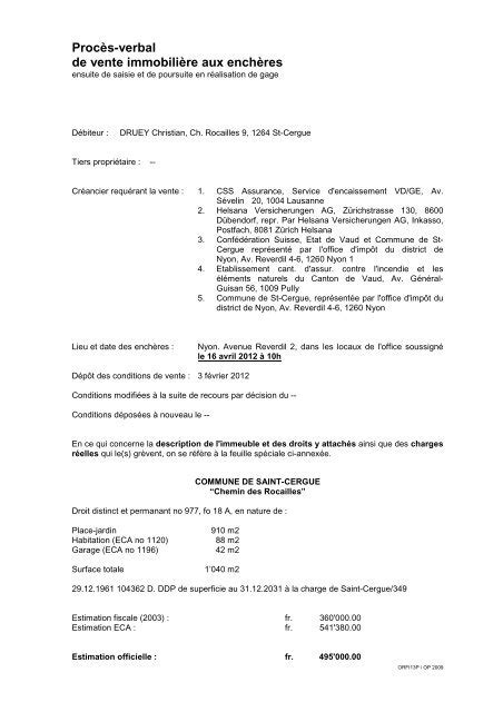 Procès-verbal de vente aux enchères