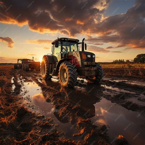 Champ agricole avec tracteur épandant de l'engrais
